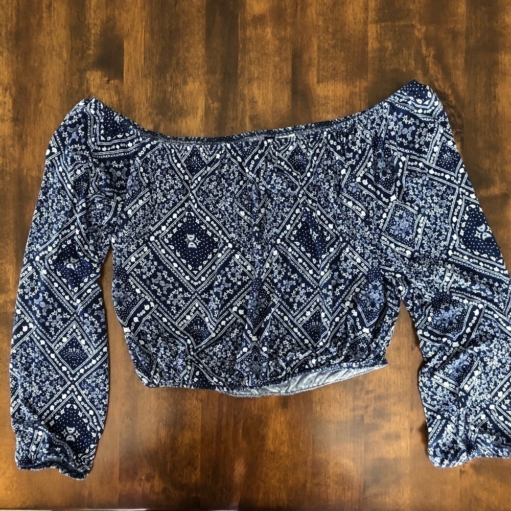 H&M Off Shoulder Long Sleeve Crop Blue Top Size S